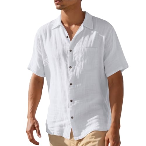 Generisch Camisa de hombre ligera y transpirable, camisa de lino de manga corta, camisa cubana de verano cómoda para la playa, camisa informal para hombre, monocolor, camisa haiwaii, camisa deportiva