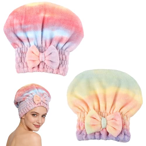 2PCS Super Absorbent Hair Towel Wrap for Wet Hair Microfiber Hair Drying Caps with Cute Bowtie Fast Drying Hair Towel for Womenan for Home
