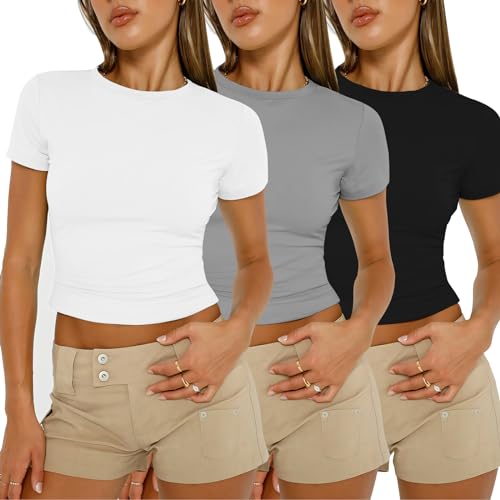 Opiniones de Camisetas y tops para comprar hoy. 45 EHRHDKNS Paquete de 3 Camisetas para Mujer con Manga Corta, Playeras Mujer Basicas con Cuello Redondo y Manga Cort, Color Sólido, Corte Ajustado, Secado rápido, Adecuado para...