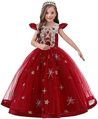 Flower Girls Long Princess Dress Appliques Lace Maxi Gown for Kids Wedding Bridesmaid Pageant A-line Dresses Little Big Princess Birthday Prom Communion Puffy Tulle Ball Gowns Red 2-3 Years