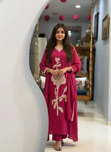 Image of ANNI Designer Women Rayon Viscose Straight Embroidered Kurta with Pant and Dupatta | 3 /4 Sleeve | V-Neck | Ethnic Kurta Set for Women