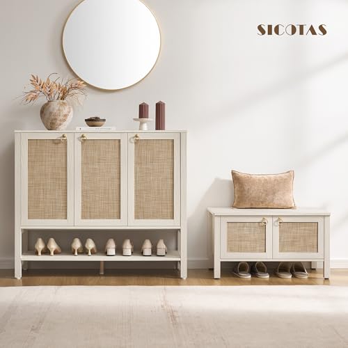 Image of SICOTAS Rattan Shoe Cabinet with Storage - 2 Pieces Large Boho Shoe Organizer with 3 Doors & Adjustable Shelves, Tall Farmhouse Shoe Rack Cabinet for Entryway, Hallway, Living Room (White)