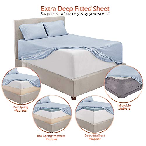 Image of Hearth & Harbor Extra Deep Pocket California King Sheet Set, Ice Blue | 4 Piece Bed Sheet Set, Ultra Soft & Breathable, Fits Up to 24 inch Mattress, Hotel Luxury