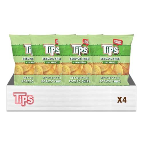 Image of TIPS Potato Chips - Snack Pack - Tallow Cooked - Seed Oil Free & Gluten Free - Kettle Style Potato Chips Made with Potatoes, Beef Tallow, and Sea Salt (5oz 4 Pack, Jalapeno)