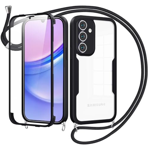Cover per Samsung Galaxy A15 con Cordino360 Gradi Antiurto Trasparente Custodiacon con Protezione Schermo Integrata Bumper Rugged Custodia con Regolabile Tracolla per A15