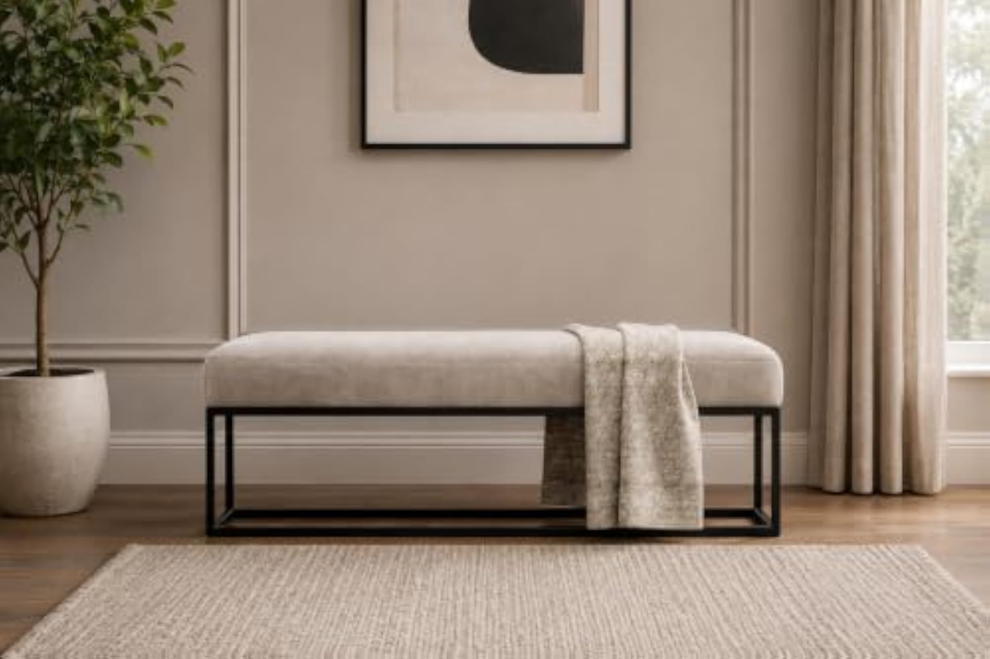 Upholstered Bench with Black Metal Frame, Beige Cushion Seat