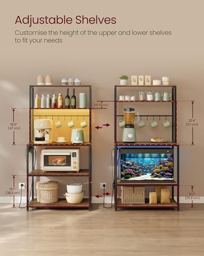 VASAGLE Coffee Bar with LED Lights, Kitchen Bakers Rack with Power Outlet, Microwave Stand with Adjustable Shelves, 8 Hooks, 40 x 80 x 168.4 cm, Rustic Brown and Matte Black KKS050KD02 - Image 3
