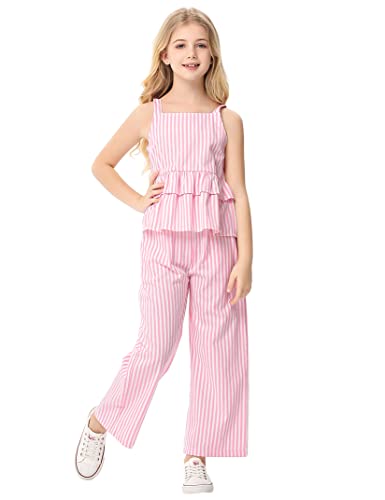 Image of Girl's 2 Piece Striped Outfits Cami Top Wide Leg Pants Ruffle Hem Summer Clothes with 2 Pockets 3-14Y