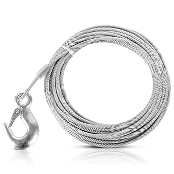 Steel Winch Cable with Hook 3/16 Inch x 50 Feet 4,409 lbs Breaking Strength