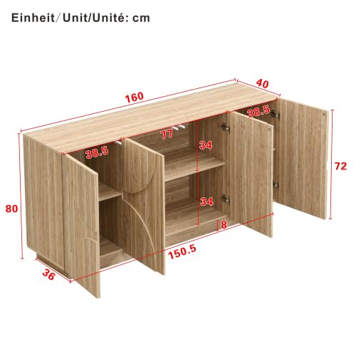 vutizal Sideboard Wohnzimmer mit Holzoptik & Bogenfronten, Aufbewahrungsschrank mit Federzug-Türen & Regalen, Esszimmer Sideboard, 160x40x80 cm