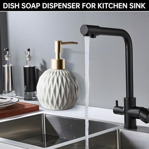 Ceramics Gold Soap Dispenser for Bathroom, Relief Soap Dispenser for Kitchen Sink, 400ml/13.5Oz Refillable Liquid Hand Soap Bottle with Gold Pump (Khaki).2