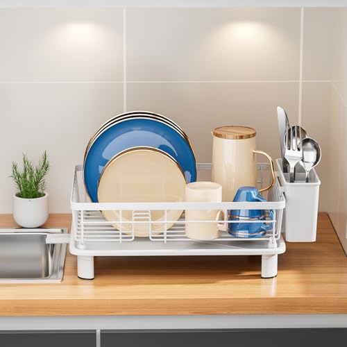 JOUING Dish Drainer Rack with Drip Tray Kitchen Dish Drying Rack with 360Swivel Spout Metal Sink Drainer with Removable Cutlery Holder (White Small)