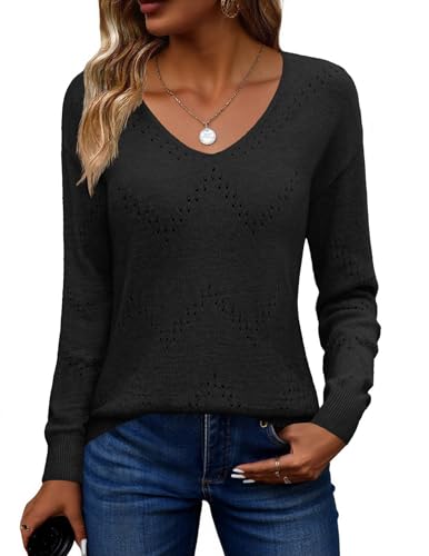 Image of Zeagoo Womens Sweaters Fall Trendy Casual Long Sleeve Shirt Lightweight V Neck Off Shoulder Crochet Pullover Top Outfit