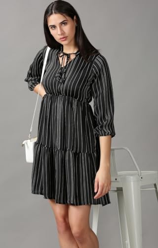 Image of SHOWOFFFF Women Stripe Print Fit and Flare Casual Dress | Round Neck 3 /4th Sleeves Satin Dress for Womens | Above Knee Dress for Women's