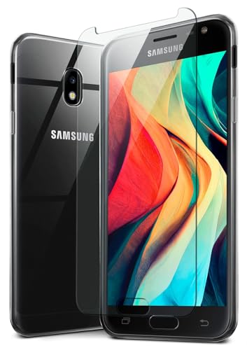 moex 3 in 1 Pack für Samsung Galaxy J3 (2017) Hülle mit 2X Panzer Schutzglas Folie, [Aero Hülle + ShockProtect Glas] Komplettschutz Handyhülle durchsichtig aus Silikon Schutzhülle, Clear