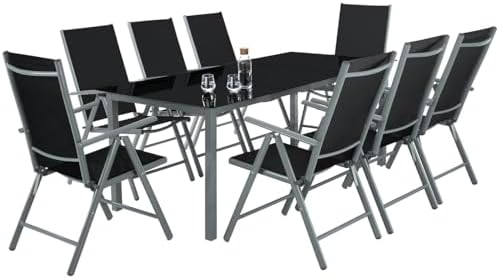 tectake Outdoor Garden Furniture Set 9 Pieces, Aluminium Structure, Waterproof Terrace Table and Chairs, Weatherproof, Folding and Reclining Chairs, Breathable Fabric – Anthracite tectake Outdoor Garden Furniture Set 9 Pieces, Aluminium Structure, Waterproof Terrace Table and Chairs, Weatherproof, Folding and Reclining Chairs, Breathable Fabric – Anthracite