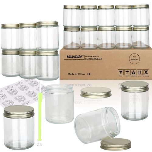 MILIVIXAY 20 Pack 8 OZ Thick Glass Clear Candle Jars with Golden Lids-Bulk Empty Candle Jars for Making Candles-Canning Jar for Spice, Liquid, Sample- Dishwasher Safe.