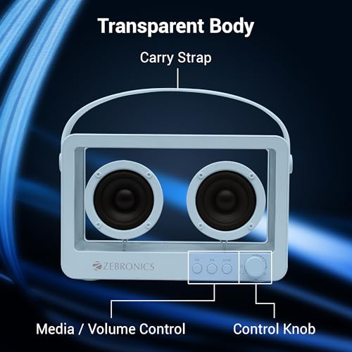 Image of ZEBRONICS Sound Feast 75, Portable Bluetooth Speaker, 14 Watts, 10 Hours Playback, Transparent Body, Dual 6.6 cm Drivers, Carry Strap, Bluetooth v5.3 | TWS | mSD | AUX (Sky Blue)