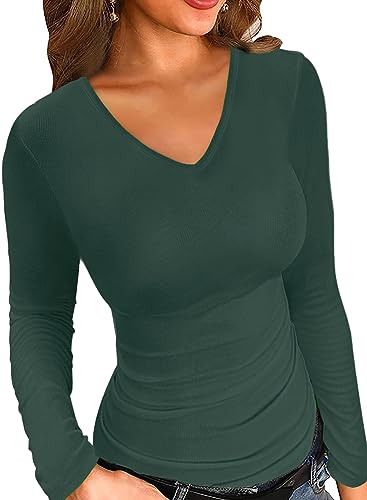 LOLONG Tシャツ 女性用 ショート/長袖 Vネック カジュアル リブ編み スリム フィット トップス, エメラルド, Largeの商品画像（Amazon）