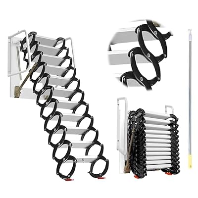 Attic Ladder Pull Down System, 9.5-10FT Wall Mounted Attic Loft Ladder, Retractable Alloy Attic Folding Stairs Loft Ladder Ceiling Mounted with Pull Rod.