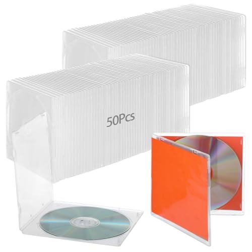 CNDRIA 50 Pack CD Storage Cases for Replacement Clear Single Disc Cases with Sleeves Standard Plastic DVD CD Protective Covers Jewel Cases