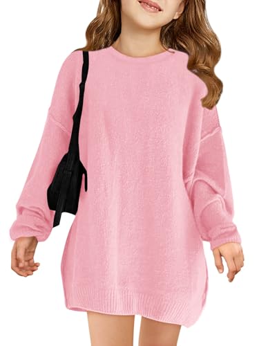 Image of Haloumoning Girls Sweater Dress Casual Crewneck Knit Long Sleeve Fall Winter Dress Pullover 5-14Y Pink