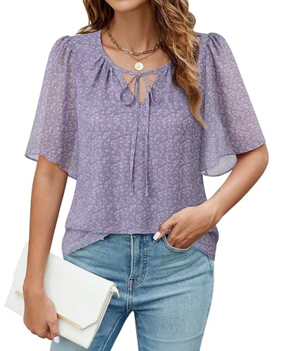 Vafoly Chiffon Kurzarm Bluse Damen: Tunika Damen Sommer Boho Damen Bluse Elegant Festlich Frühling Sommer V-Ausschnitt Casual Loose Fit Floral Doppellagige Tunika Lila Blumen L