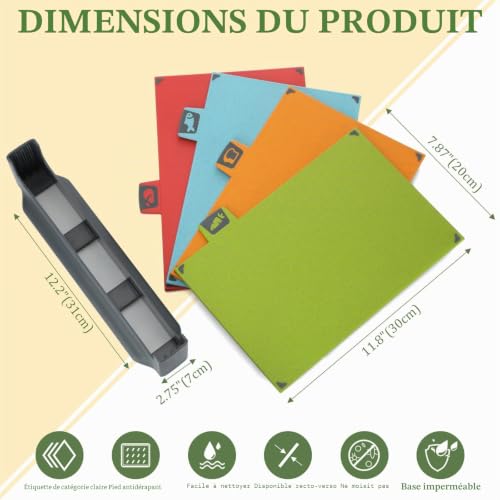 BEWOS 4 Pcs Planches à Découper avec Code Couleur, Plastique Réversible avec Support et Pieds Antidérapants pour Cuisine – vue 2
