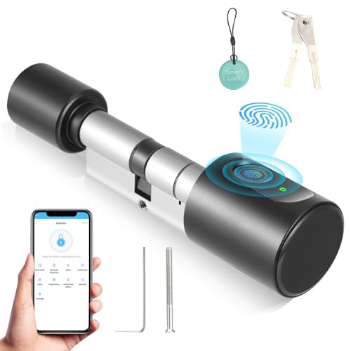 Cerradura Inteligente, Cerradura con Huella Digital Cerradura Electrónica Smart Lock Cilindro Ajustable 60mm(30/30) con RFID App Huella Dactilar Llave para Desbloquear