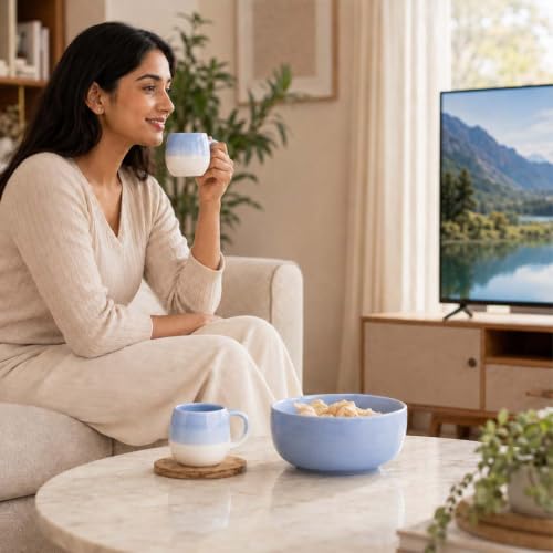 Image of The Earth Store Sky Blue Ceramic Snack Bowl & Tea Cup Combo | Bowls & Tea Cups(Ovule) | Microwave & Dishwasher Safe | Multipurpose Combo for Tea, Coffee, Snacks, Diwali Gifting