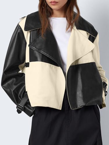 Tankaneo Womens Leather Cropped Jacket Fall Casual Trendy Oversized Color Block Motorcycle Coat3
