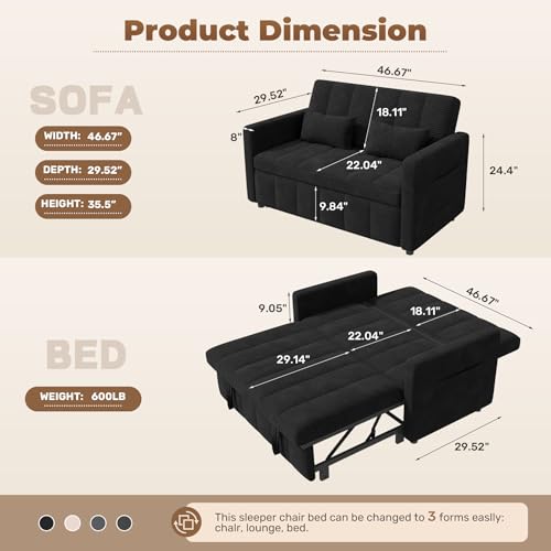 Image of Nebuaegis Sleeper Sofa Bed,3-in-1 Convertible Pull Out Couch with Adjustable Backrest for Living Room,Loveseat Sofa Bed with Side Pockets,Easy Assembly,Black,1 PCS