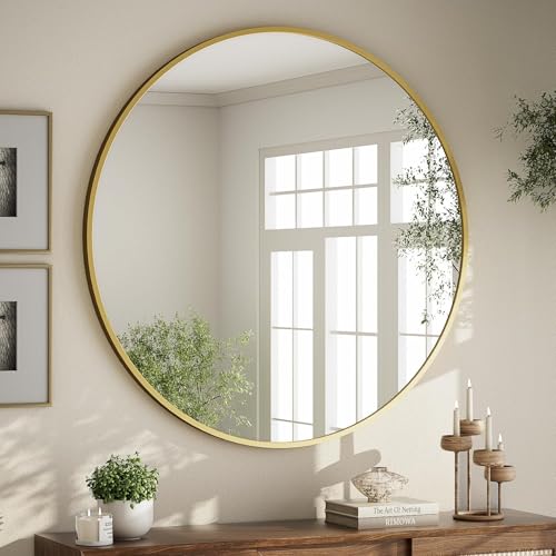 BEAUTYPEAK Espejo redondo dorado de 60 cm, espejo de pared decorativo redondo con marco de aluminio, espejo de baño a prueba de roturas para colgar y apoyarse, espejo de pared para dormitorio, baño