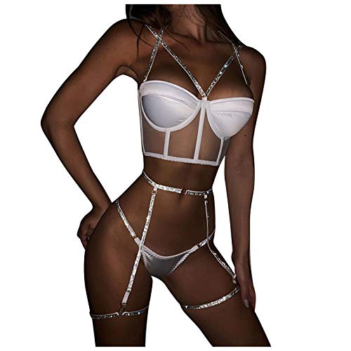 Cunhuan Damen Sexy Spitze Glitzernde Diamanten 3-Punkt-Dessous Sexy Reizwäsche BH und Höschen Sets (White, M)