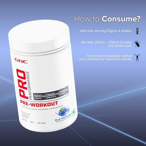 Image of GNC Pro Performance Pre-Workout | 360 gm | 30 Servings | Boosts Pump & Energy | Speeds Up Recovery | 1500 mg L-Arginine | 3500 mg Beta-Alanine | 200 mg Caffeine | Blue Raspberry