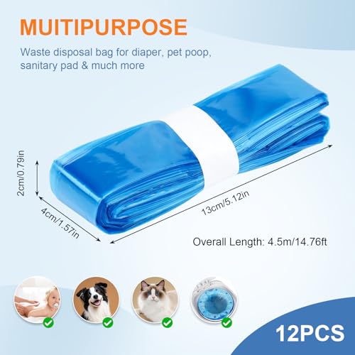 Windeleimer Nachfüllkassetten, 12 Stück Verdickte Geruchsdichte Wickeleimer Nachfüllfolie, Nachfüllkassetten Windeleimer Kompatibel mit Tommee Tippee, Angelcare, LitterLocker, Spross