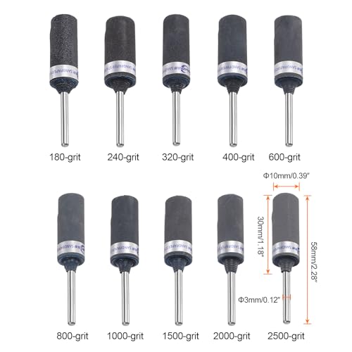 QUARKZMAN 10-częściowy zestaw rolek papieru ściernego, ziarnistość 180-2500, trzpień 3 mm, bębny szlifierskie, tulejki, cylinder, głowica szlifierska do obróbki drewna, szkła, metalu, polerowania