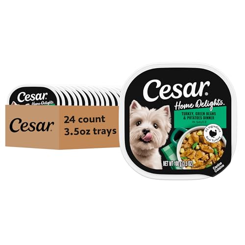 Image of Cesar Home Delights Wet Dog Food, Turkey & Potatoes, 3.5 oz, 24 Count | Real poultry #1 ingredient, 100% complete & balanced, easy to digest, no fillers, no artificial flavors, easy peel trays