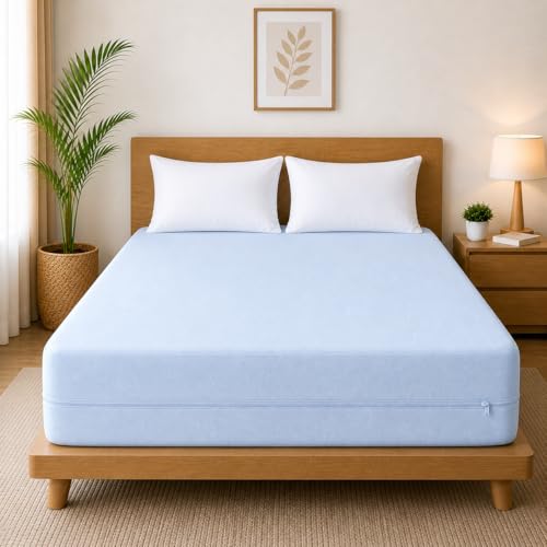Image of 100% Waterproof Single Size Zipper Mattress Encasement - Ultra Soft & Breathable Six-Sided Bed Cover, Dustproof Noiseless Fitted Design, 72x36 Inch (6x6 Feet), Fits Up to 6 Inch Mattress, Light Blue