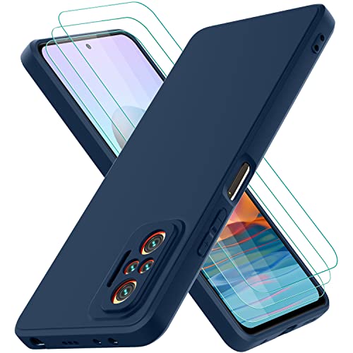 Oureidoo Cover per Xiaomi Redmi Note 10 Pro con 3 Pezzi Pellicola Vetro Temperato, Custodia in Morbida Silicone Liquido, Sottile e Antiurto con Rivestimento in Microfibra AntiGraffio, Blu