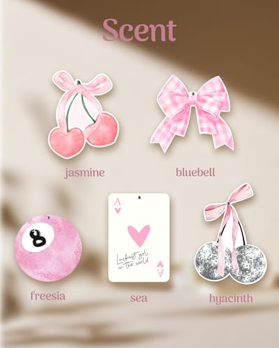 Image of Coquette Pink Bow Car Air Fresheners, 5-Pack Assorted Floral Scents Cherry Cute Girly Car Accessories Hanging Decor for Rearview Mirror Long-Lasting for Women Teen Girls