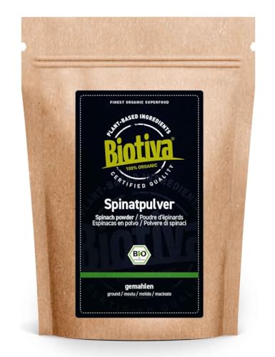 Biotiva Polvo de Espinacas orgánico molido 250g - sin aditivos - vegano - Embotellado y controlado...