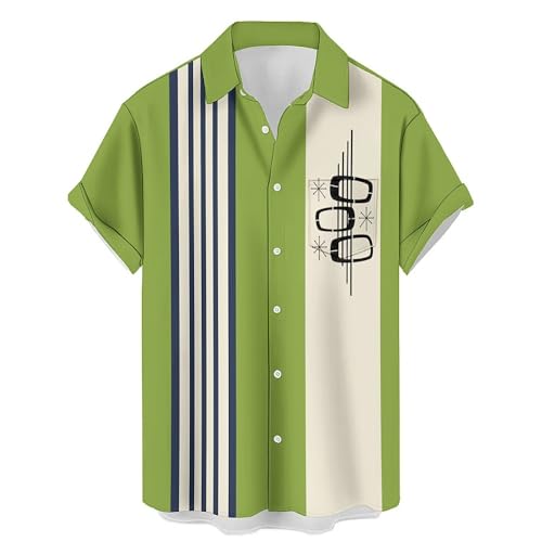 Camisas de bolos retro para hombre, estilo rockabilly, estilo rockabilly, camisas de campamento de estilo vintage, 1 verde hierba, XL