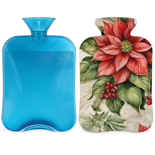 Hot Water Bottle with Soft Cover,2L Christmas Flowers Hot Water Bag for Hot and Cold Compress, Hand Feet Warmer, Abstract Flowers Rubber Hot or Cold Water Bottle Halloween Christmas Decorations