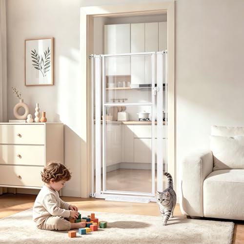 56 Extra Tall Pet Gate for Cats 29.5-33.5 Wide Pressure Mount Clear Acrylic Tall Dog Gate Safety Barrier No Drilling Gate Indoor for Doorways Hallway White