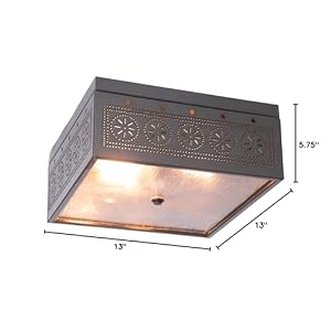 Irvin's Tinware, 431CCT, 2 Light Flush Mount Square Ceiling Light with Chisel in Country Tin, Primitive Country Tin Lighting Irvins Tinware 431CCT 2 Light Flush Mount Square Ceiling Light with Chisel in Country Tin Primitive Country Tin Lighting