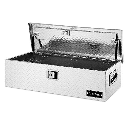 Arksen 39 Inch Heavy Duty Aluminum Bar Tread Tool Box, Waterproof Truck Storage Organizer Chest For Pick Up Truck Bed, Rv Trailer With Gas-Spring Enabled Poles Side Handle, Lock And Keys - Silver #TOP2