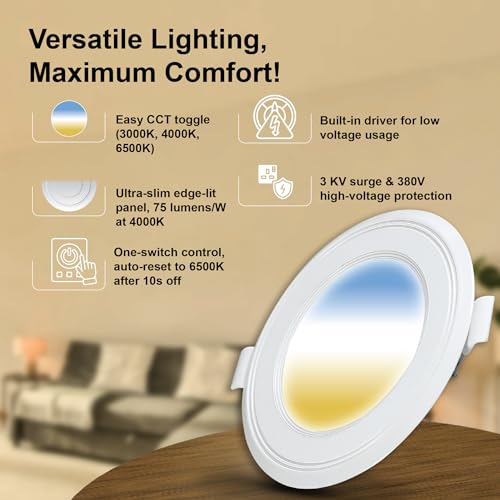 Image of Havells Fazer Neo 3-in-1 6W Round LED Downlight. Flush Mount Ceiling Light with switchable CCT (3000K /4000K /6500K). Long Life, Wide Voltage Support. for Office & Home. (White)