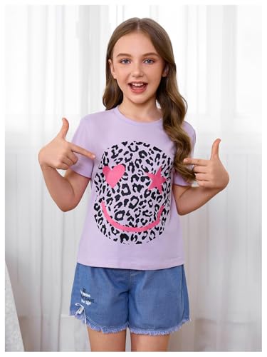 Image of WDIRARA Girl's Leopard Graphic T Shirt Crew Neck Short Sleeve Tee Shirts Cute Tops