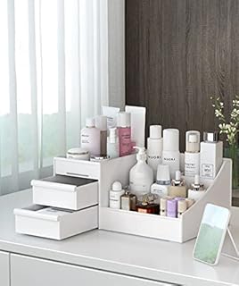 Queta White Makeup Organizer, Acrylic Makeup Organizer, Fits Jewelry, Brushes, Lipsticks and Creams, Cosmetic Storage with 7 Grid Capacity